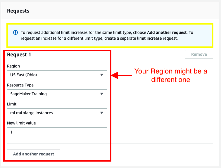 Request section that takes Region, Resource type, and LImit values