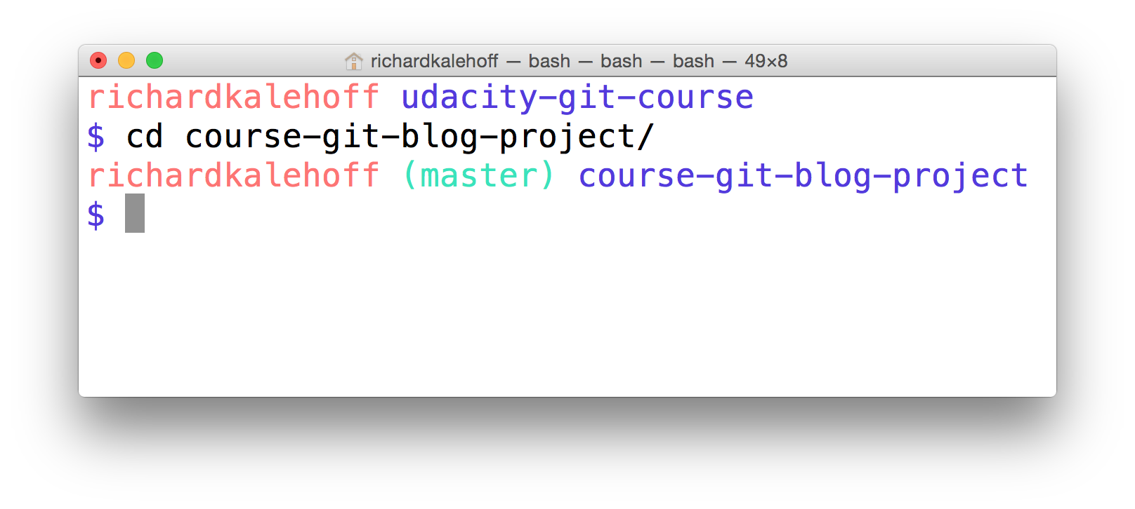 _Mac's Terminal application. The terminal uses the `cd` command to move from the base directory into the course-git-blog-project which is a Git repository._