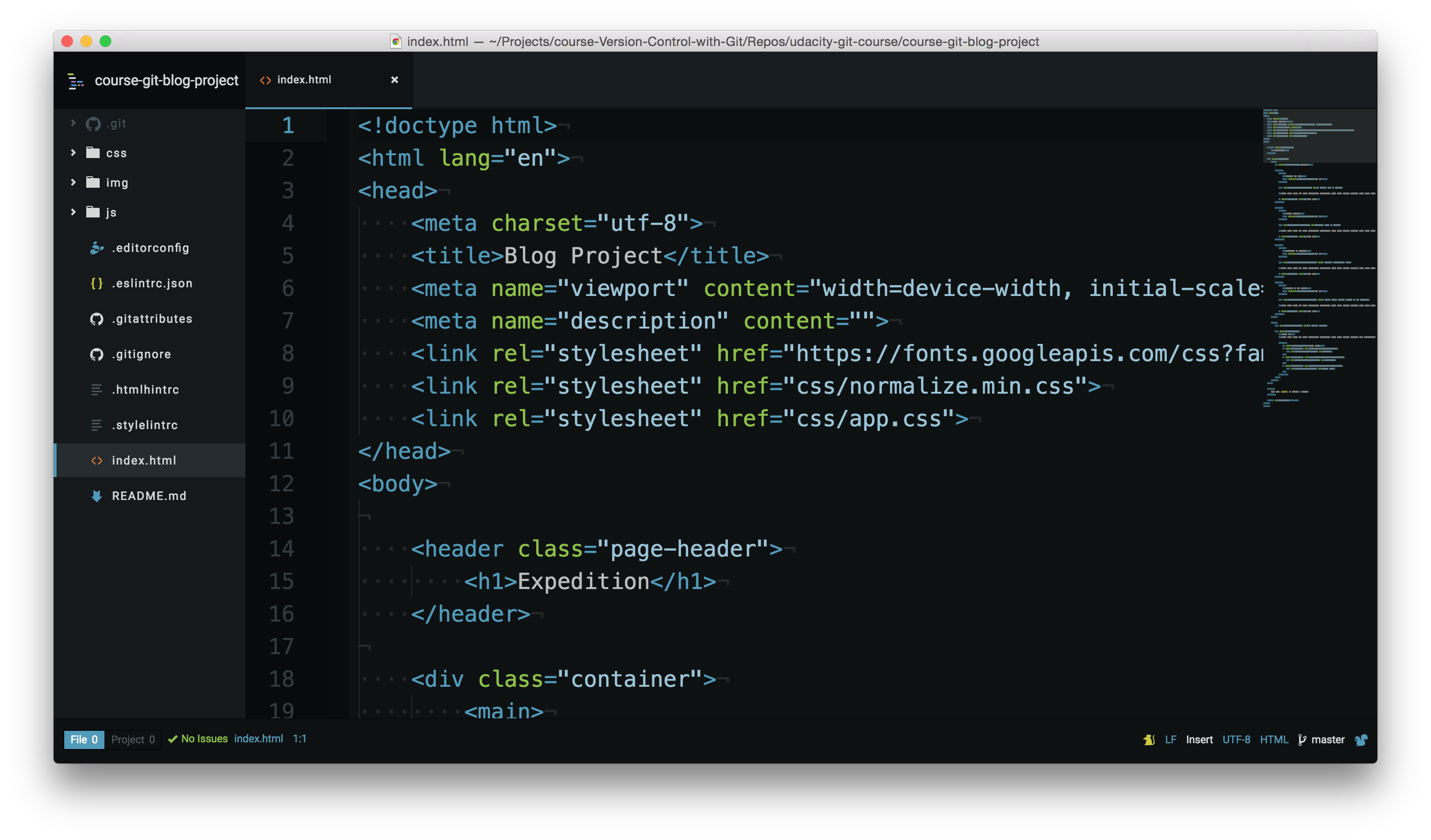 _The course's Blog project open in a code editor. The `index.html` file is being displayed._