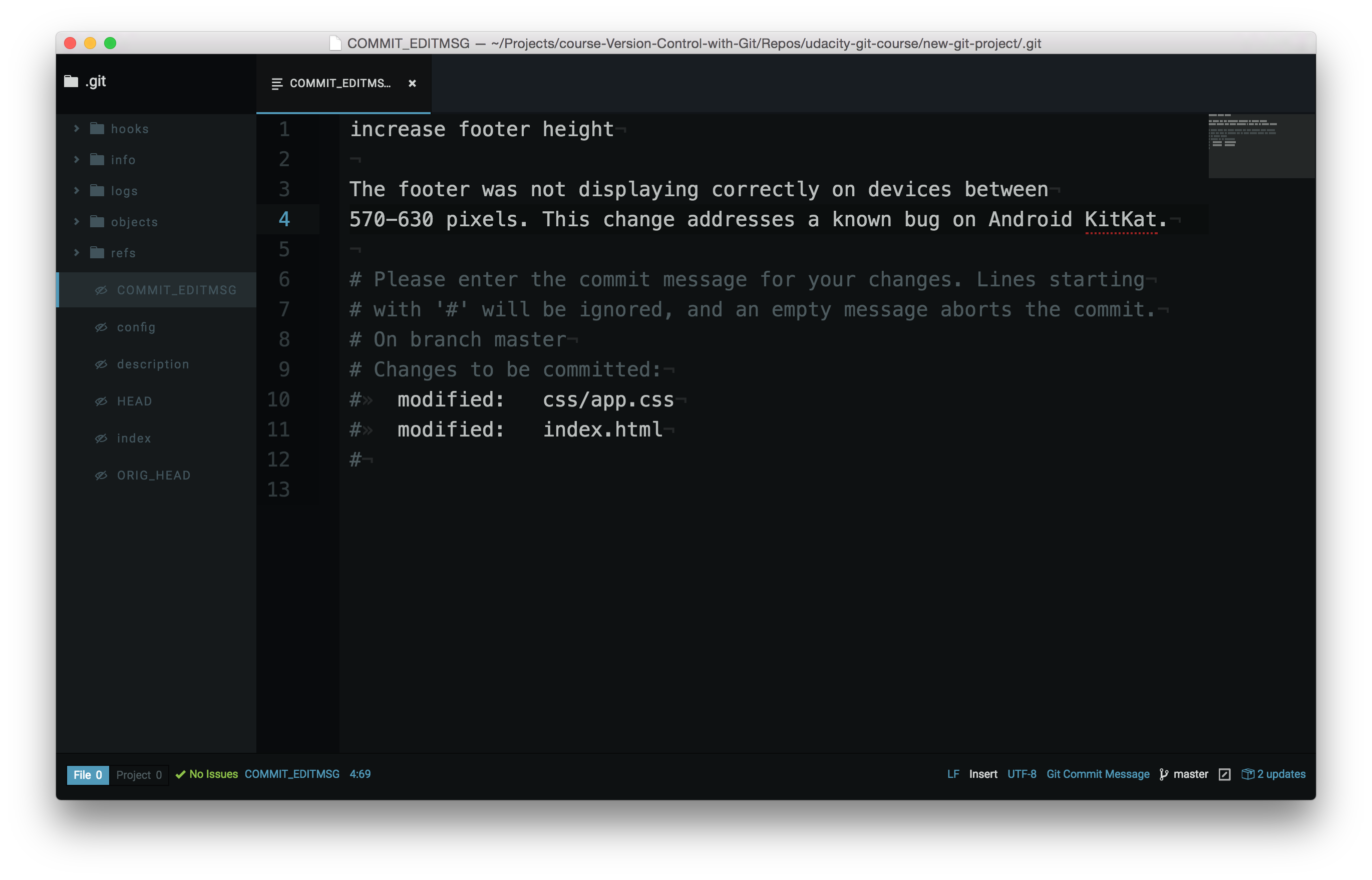 _Code editor showing the commit message edit window. A message has been typed, followed by a blank line, followed by the body of the commit._