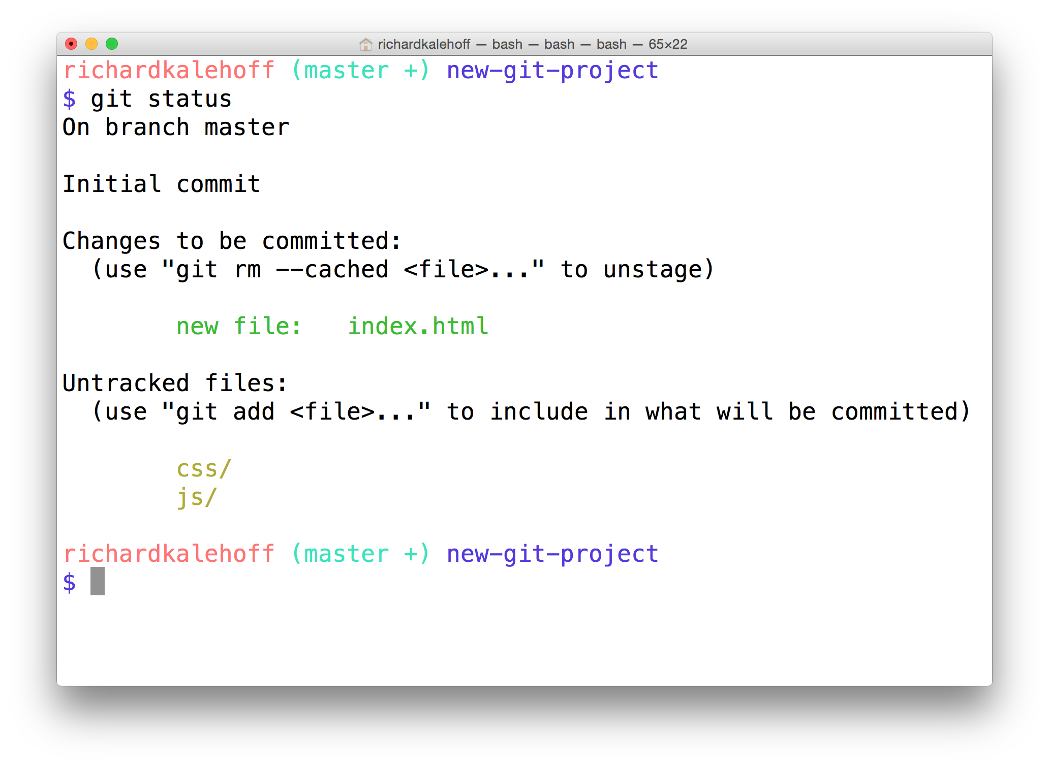 _The Terminal application showing the result of running the `git status` command. It shows that index.html is now in the "Changes to be committed" category._