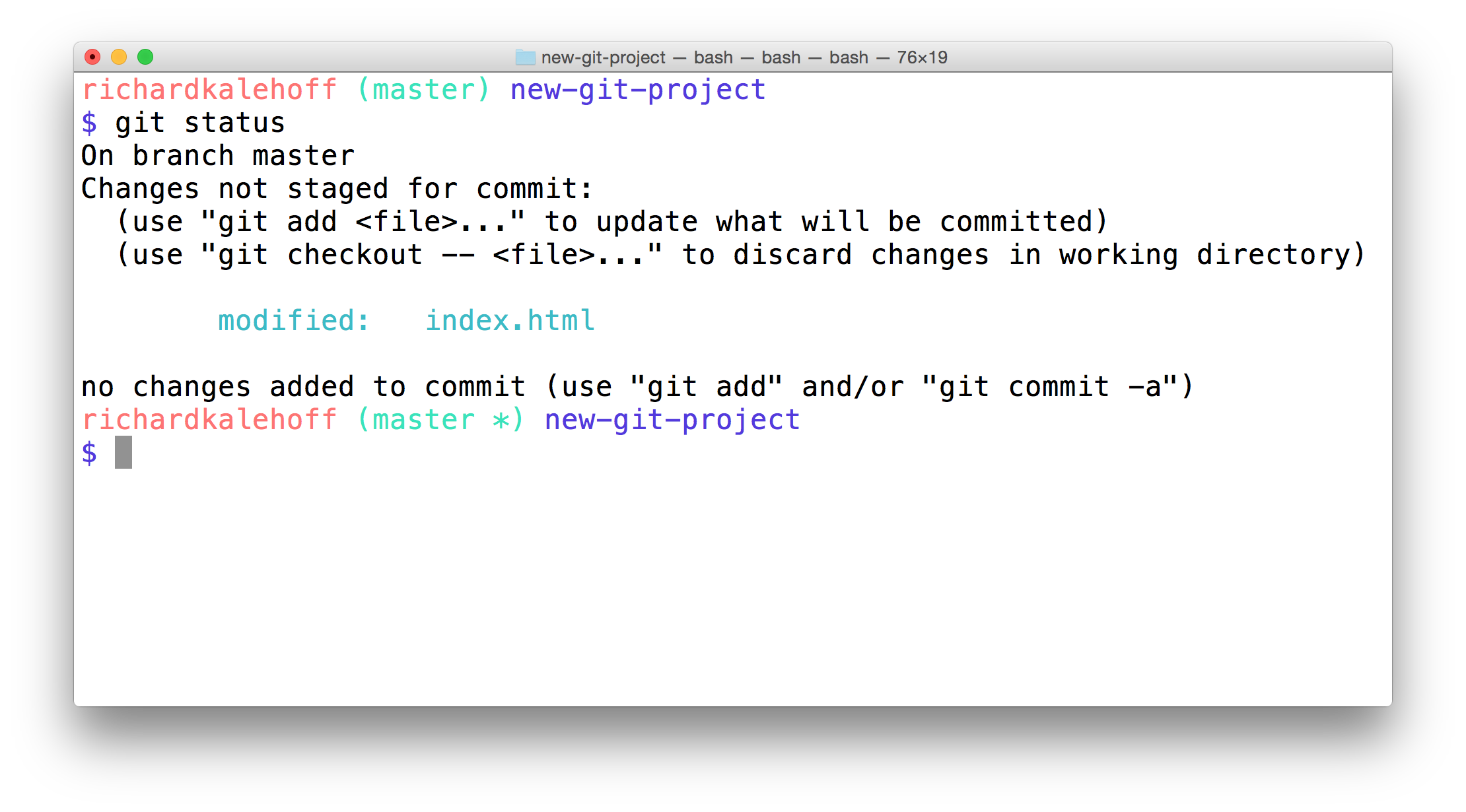 _The Terminal application showing the result of the `git status` command. It displays a "Changes not staged for commit" section that includes the modified "index.html" file._